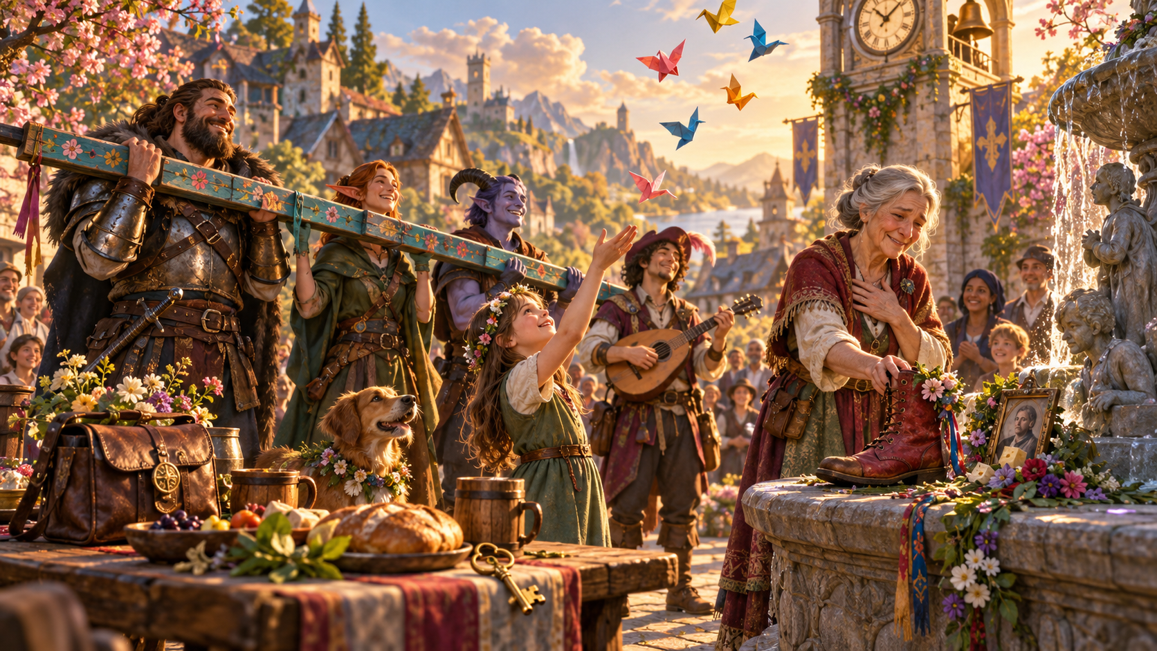 Elderly woman places a red boot at a fountain beside a portrait while adventurers carry a painted plank and a musician plays