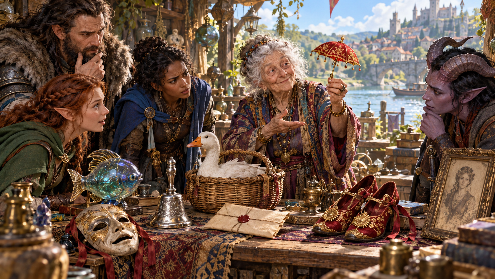 Elderly woman holds a tiny red umbrella at a table of adventurers beside a goose mask sealed message red shoes and portrait