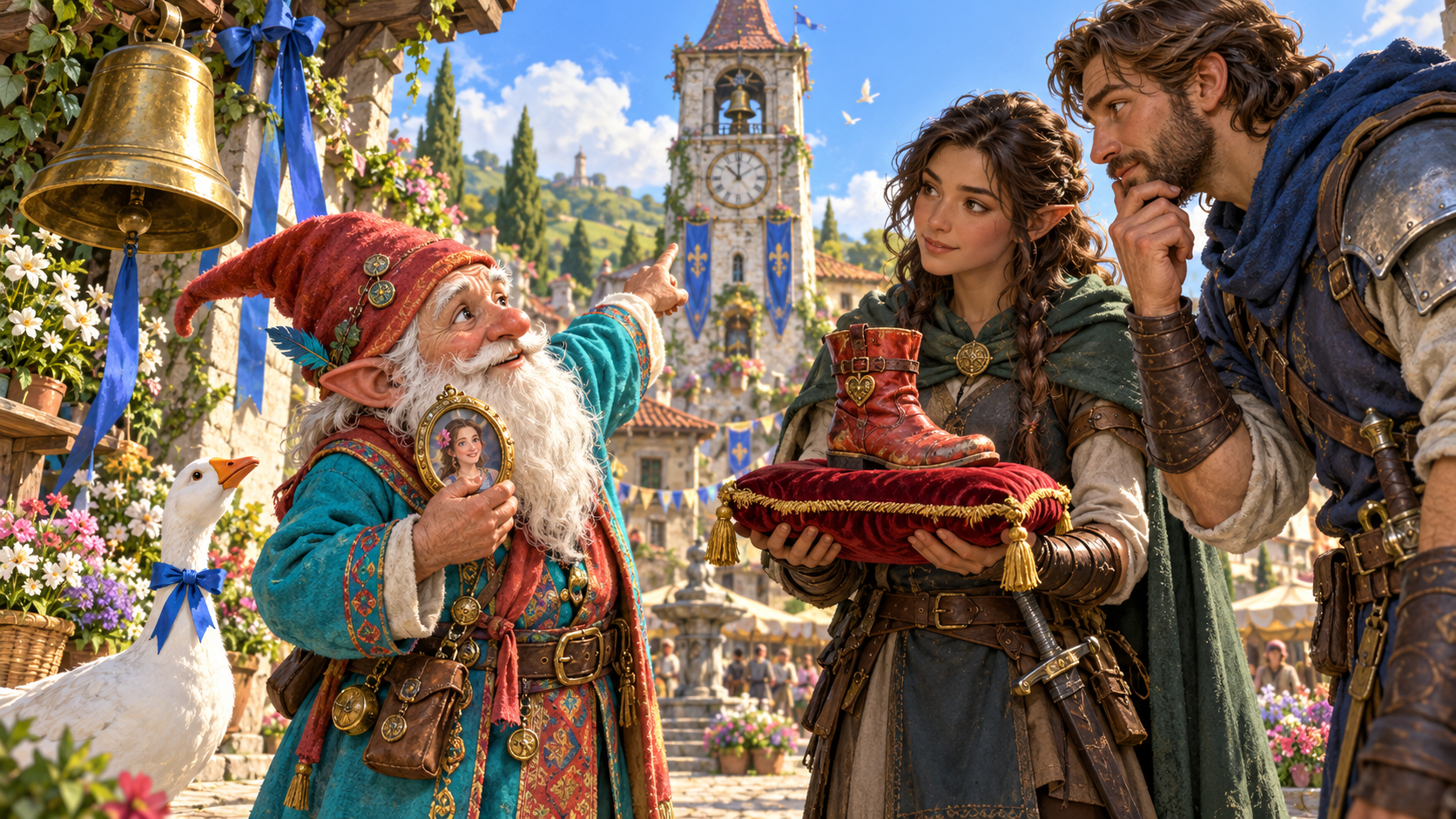 Red-hatted elderly NPC holds a portrait and points toward a clock tower beside adventurers holding a red boot and a goose wearing a blue bow