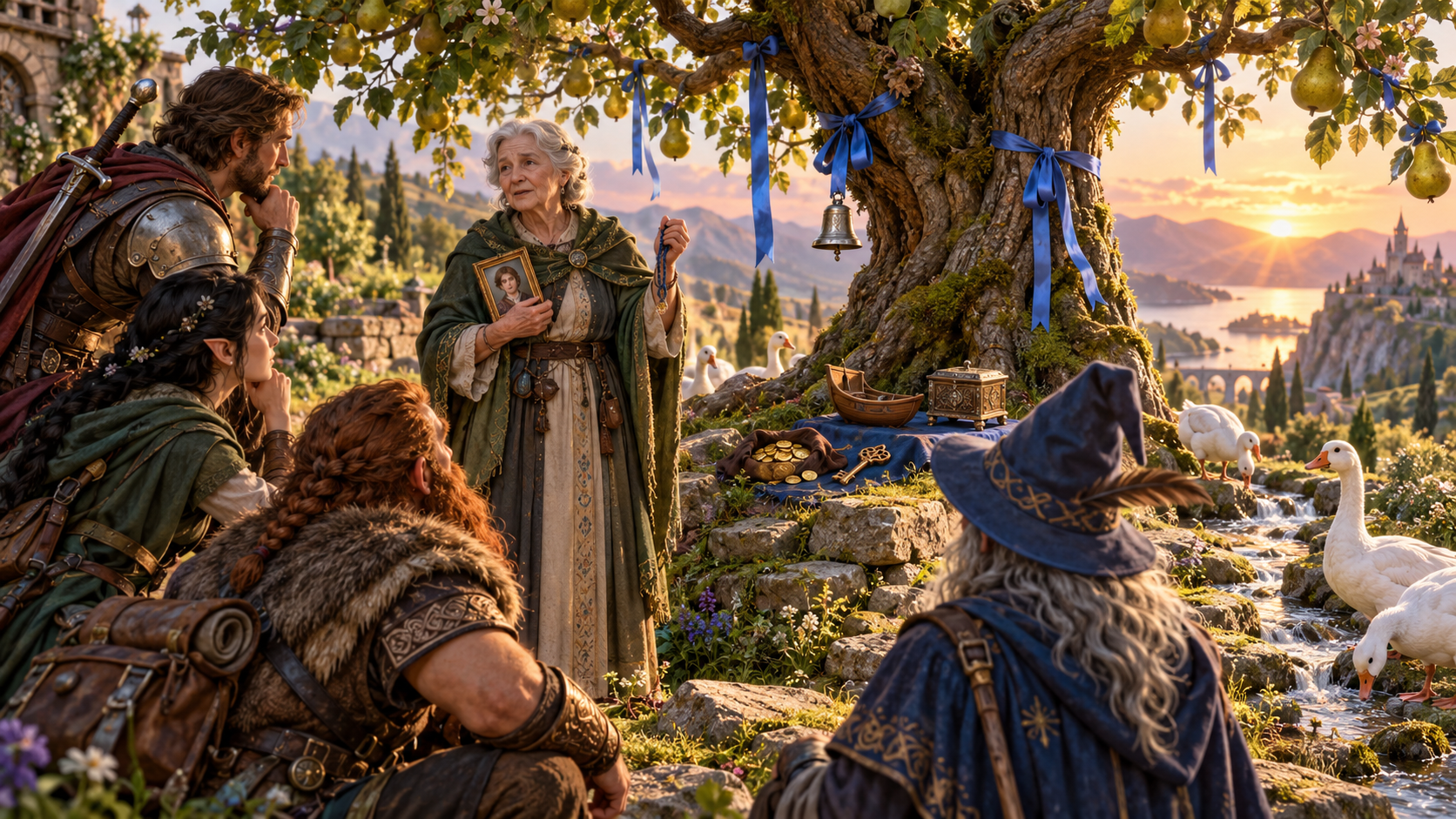 Elderly woman explains with a portrait and blue cord beside a tree decorated with blue bows and bells while adventurers listen